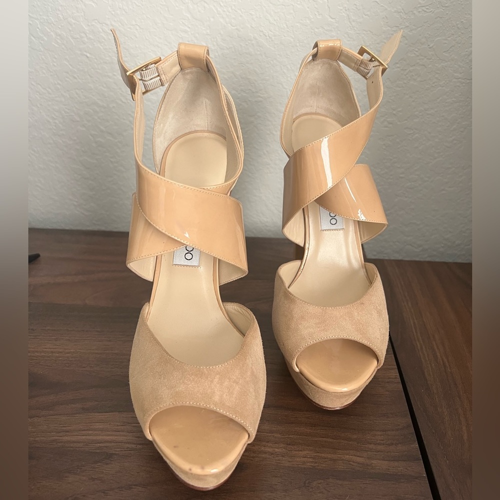 Jimmy Choo tan beige platform block heels